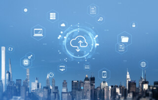 Cloud computing and data icons over modern city skyline, digital style, on a blue background. Concept of network technology and digital infrastructure