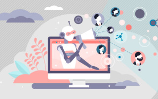 Marketing automation AI bot concept vector illustration. Flat tiny persons referral lead network building algorithm digital online app service. Sales growth optimization and business tech innovation.