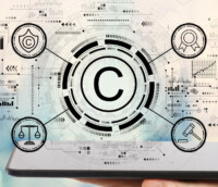 Copyright concept with man holding a tablet computer