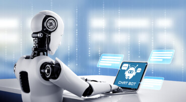 AI robot using computer to chat with customer. Concept of chat bot service providing help and smart information in social media and e-commerce application. 3D rendering illustration.