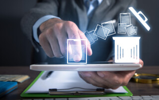 Man using tablet. Trash can and files. Delete files