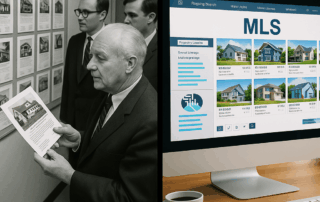 A comparative, split-image photograph illustrates the evolution of real estate from analog to digital MLS systems.